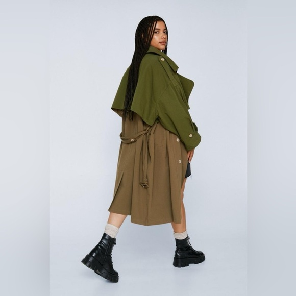 Nasty Gal Back to Mac Two Tone Oversized Trench Coat Khaki Button Size 14 New - Picture 3 of 7